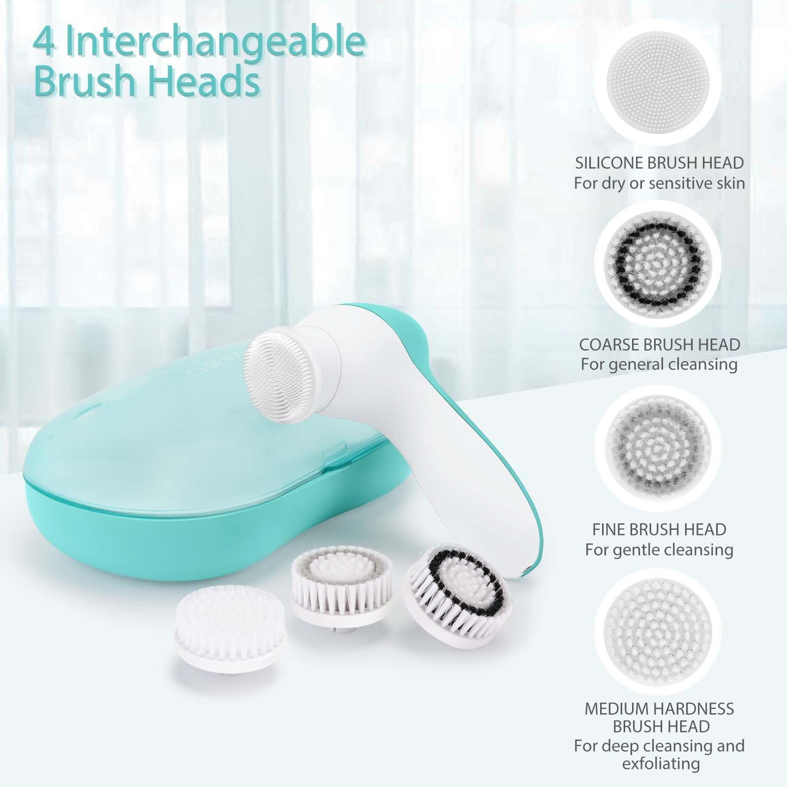 CLSEVXY four brush heads including silicone for versatile facial care routines.