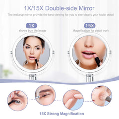CLSEVXY double-sided magnifying mirror shows 1x and 15x views for precision.