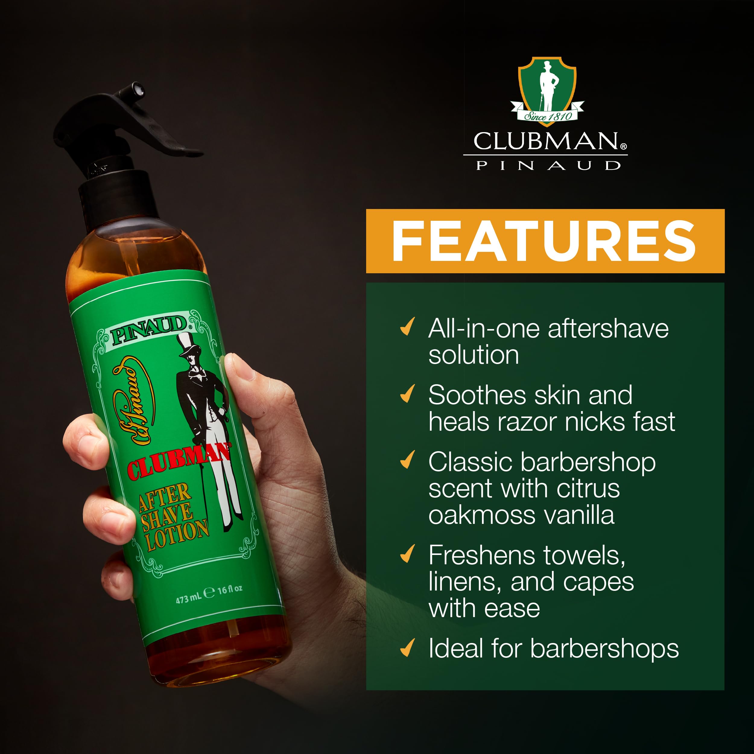 Hands applying Clubman after shave lotion spray for quick, comfortable post-shave use.