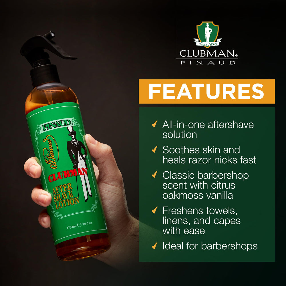 Hands applying Clubman after shave lotion spray for quick, comfortable post-shave use.
