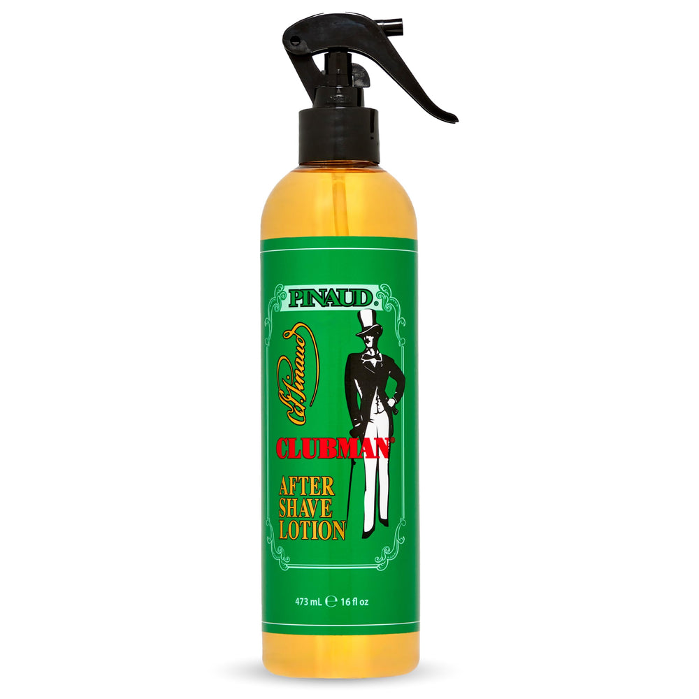 Clubman after shave lotion spray bottle shown, offering classic barber scent to refresh skin after shaving.