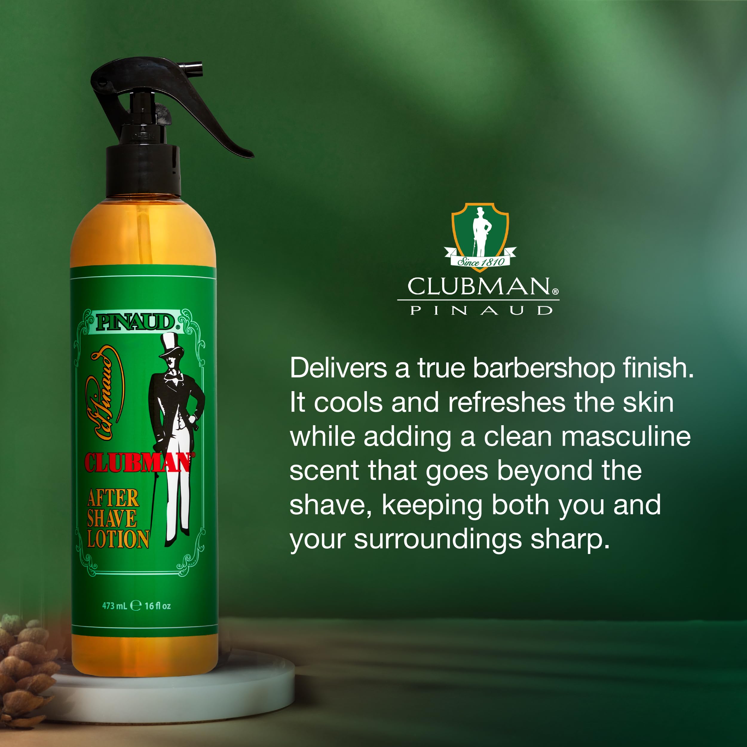 Detailed view of Clubman after shave lotion spray liquid for a smooth, even finish.