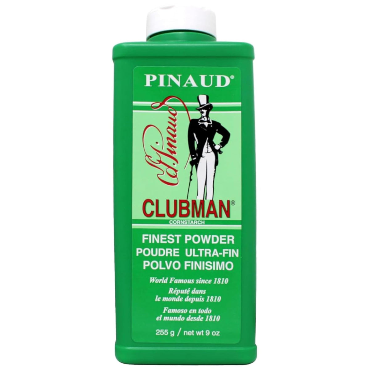 Clubman Flesh PINAUD powder bottle front showing moisture absorption for daily comfort.
