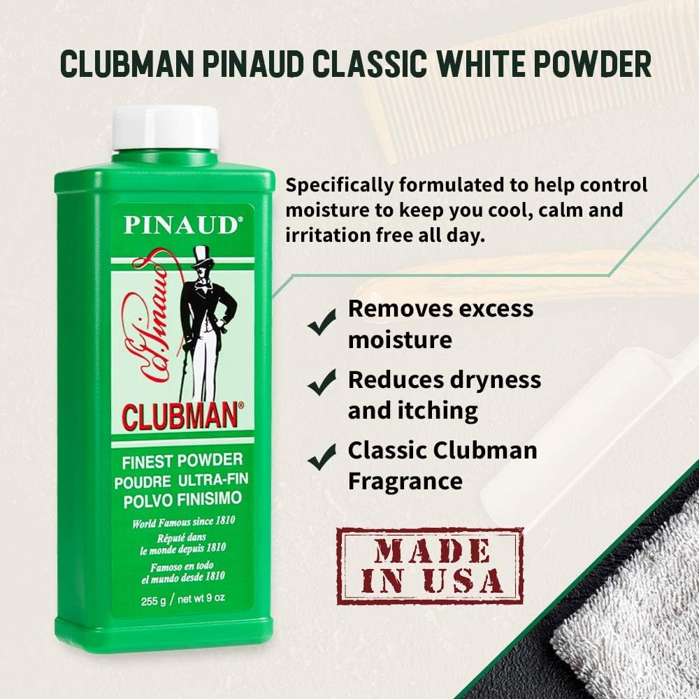 Dusting powder with Clubman Flesh PINAUD to reduce friction during wear.