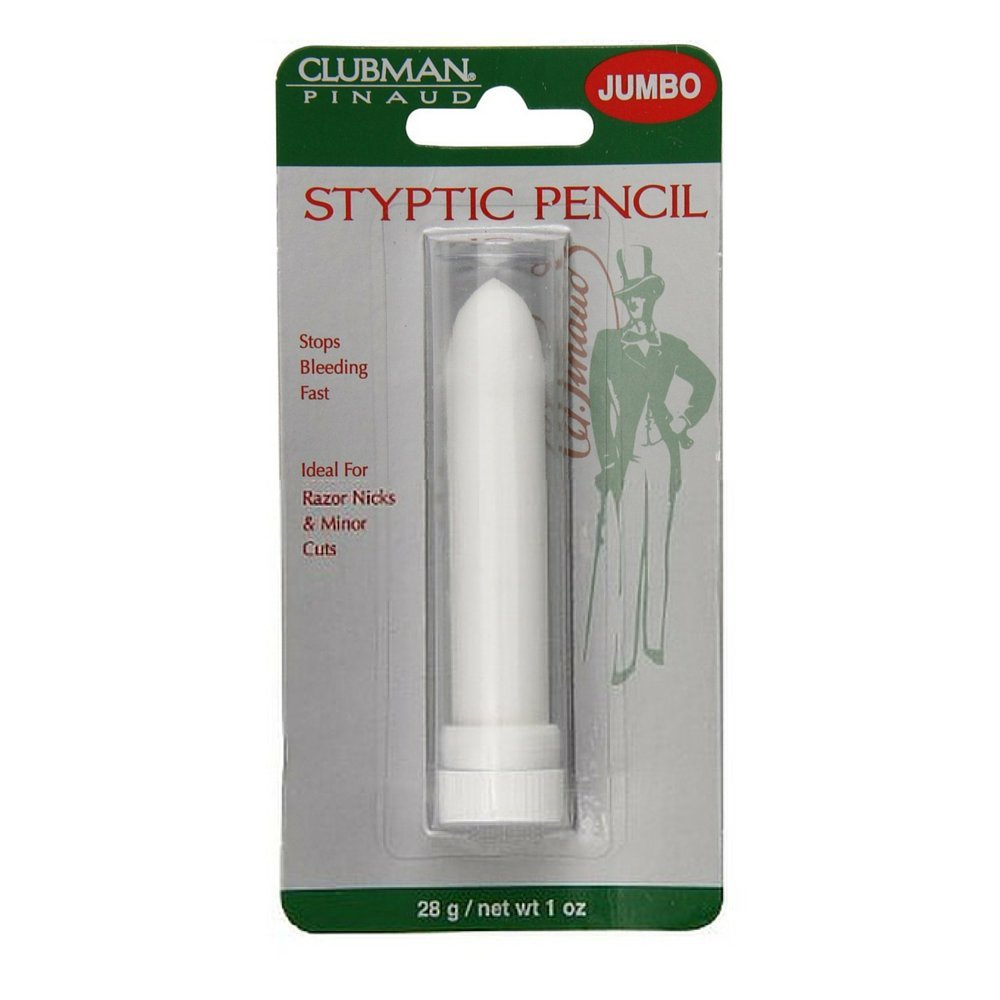 Clubman Jumbo Styptic Pencil applied to a nick to stop minor bleeding quickly