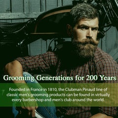 Clubman moustache wax hang-pack demonstrates precise shaping with the included brush.