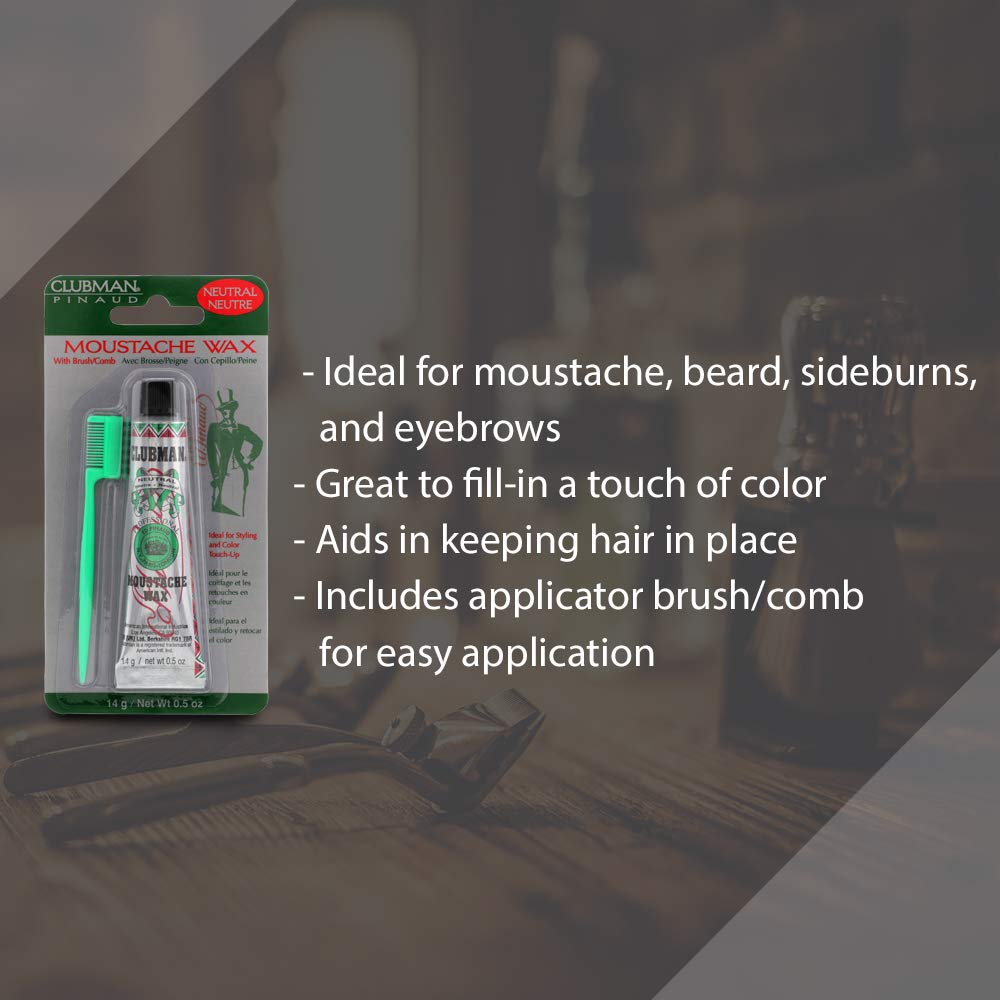 Clubman moustache wax hang-pack with brush demonstrates easy-on, easy-off styling.