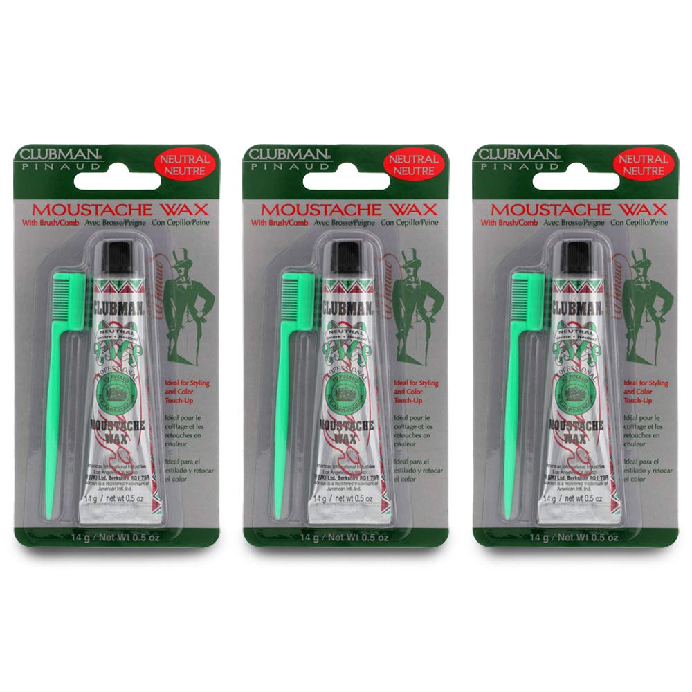 Clubman moustache wax hang-pack neutral color three 0.5 oz tubes for quick, non-greasy grooming.