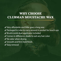 Clubman moustache wax hang-pack tube closeup highlights convenient, mess-free application.