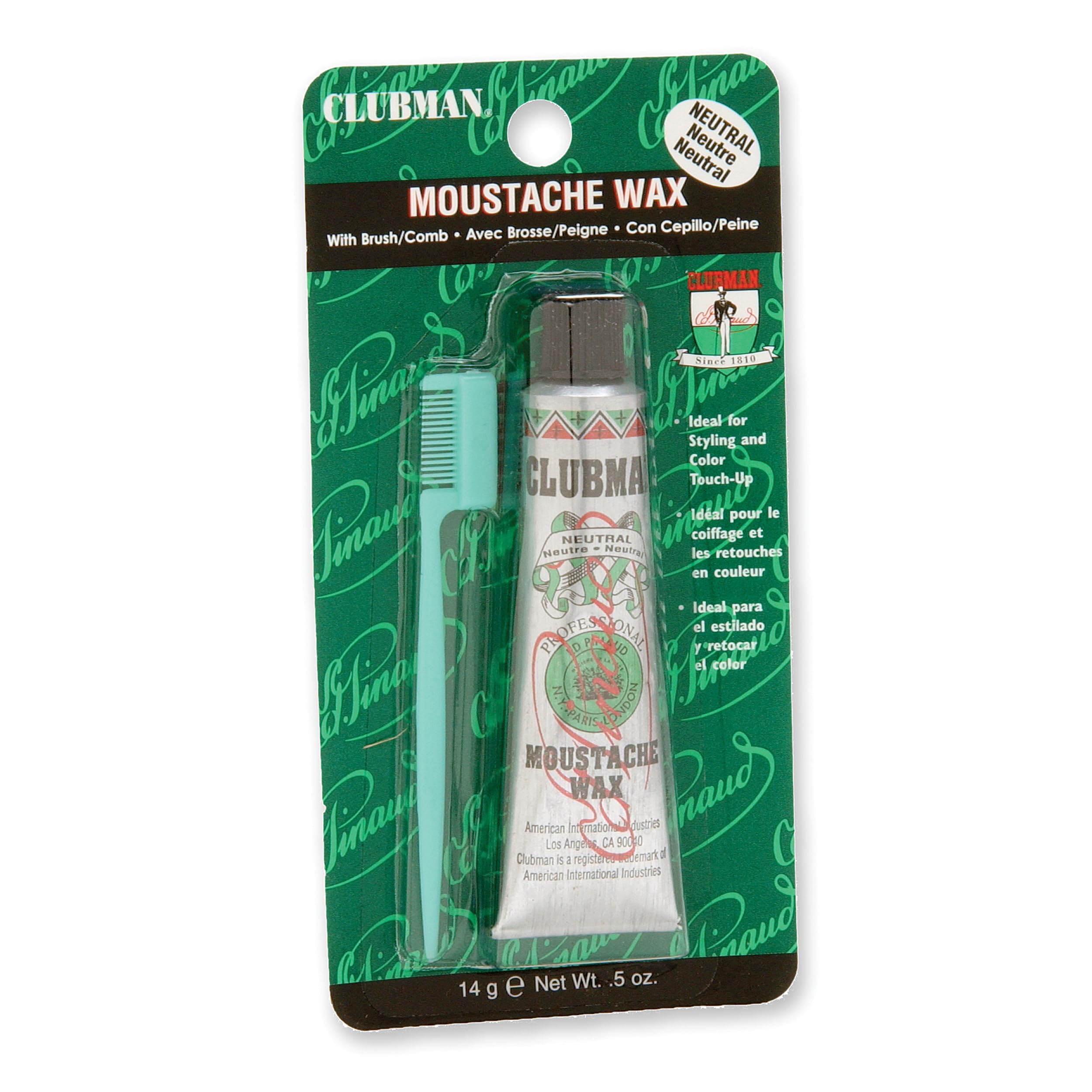 Clubman moustache wax tube with neutral color for discreet grooming.