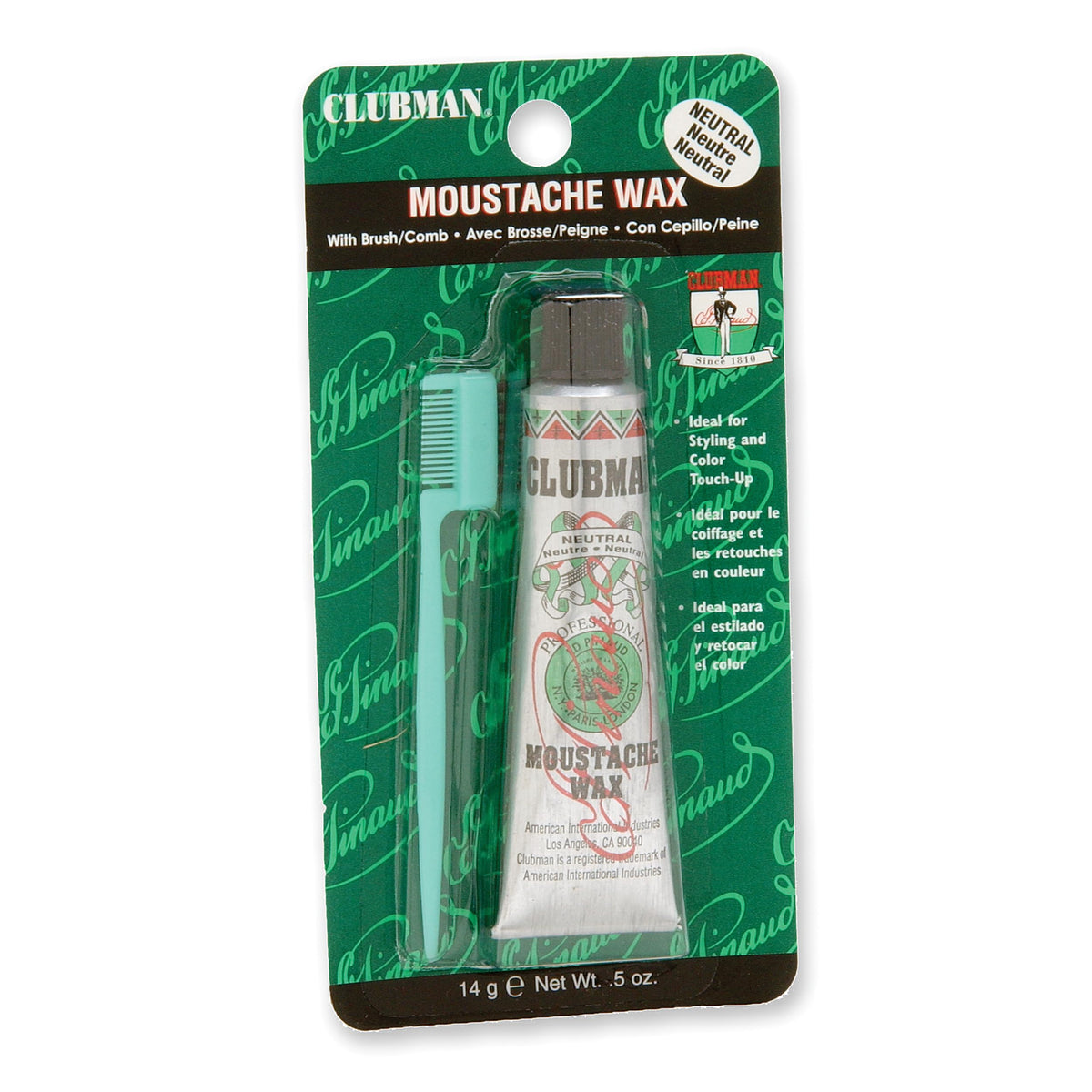 Clubman moustache wax tube with neutral color for discreet grooming.