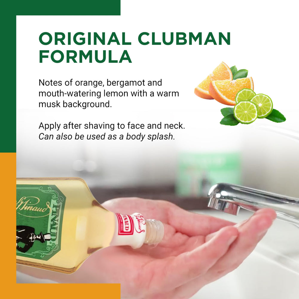 Clubman Pinaud after shave lotion pour demonstrates smooth post-shave application