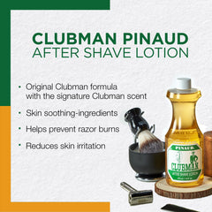 Clubman Pinaud After Shave Lotion label highlights classic barbershop heritage and scent.