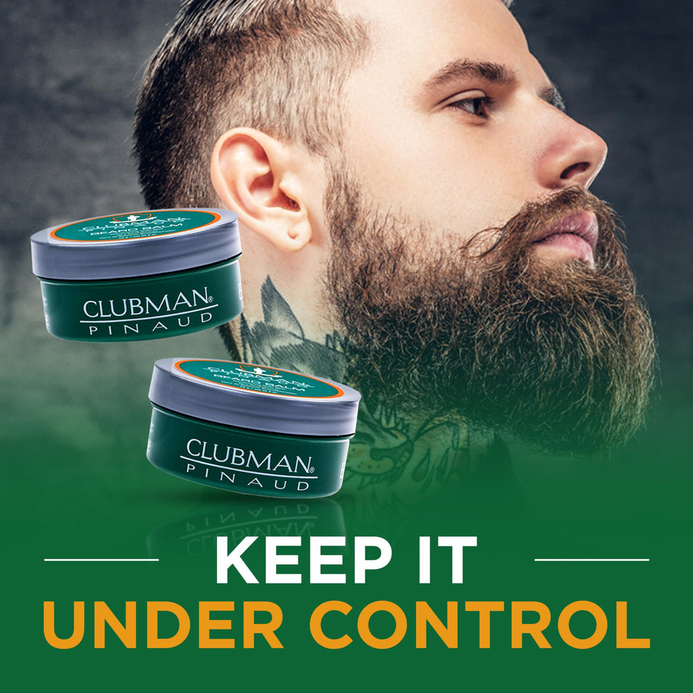 Clubman Pinaud Beard Balm being applied with fingers for controlled grooming