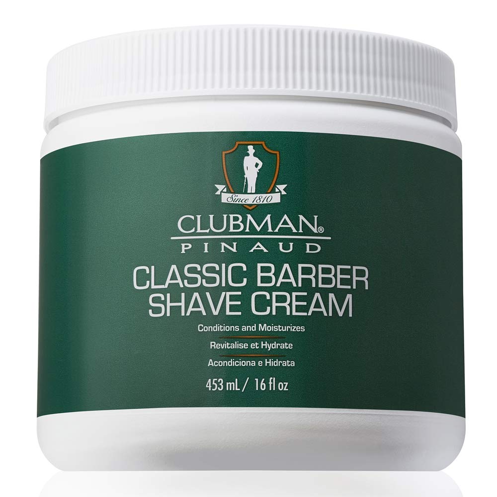 Clubman Pinaud Classic Shave Cream bottle highlights premium hydration for a smoother shave.