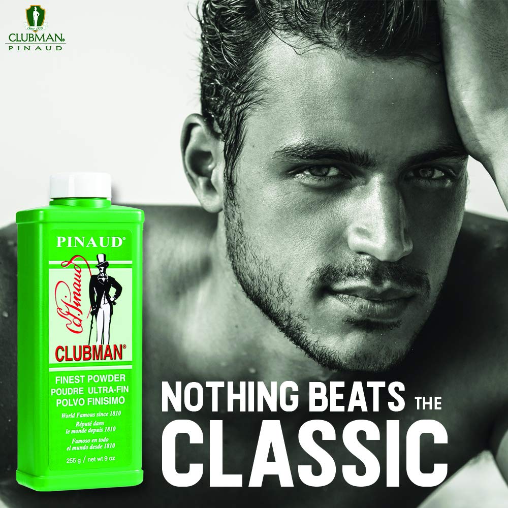 Dusting powder on skin with Clubman Pinaud Finest Powder for a dry feel.
