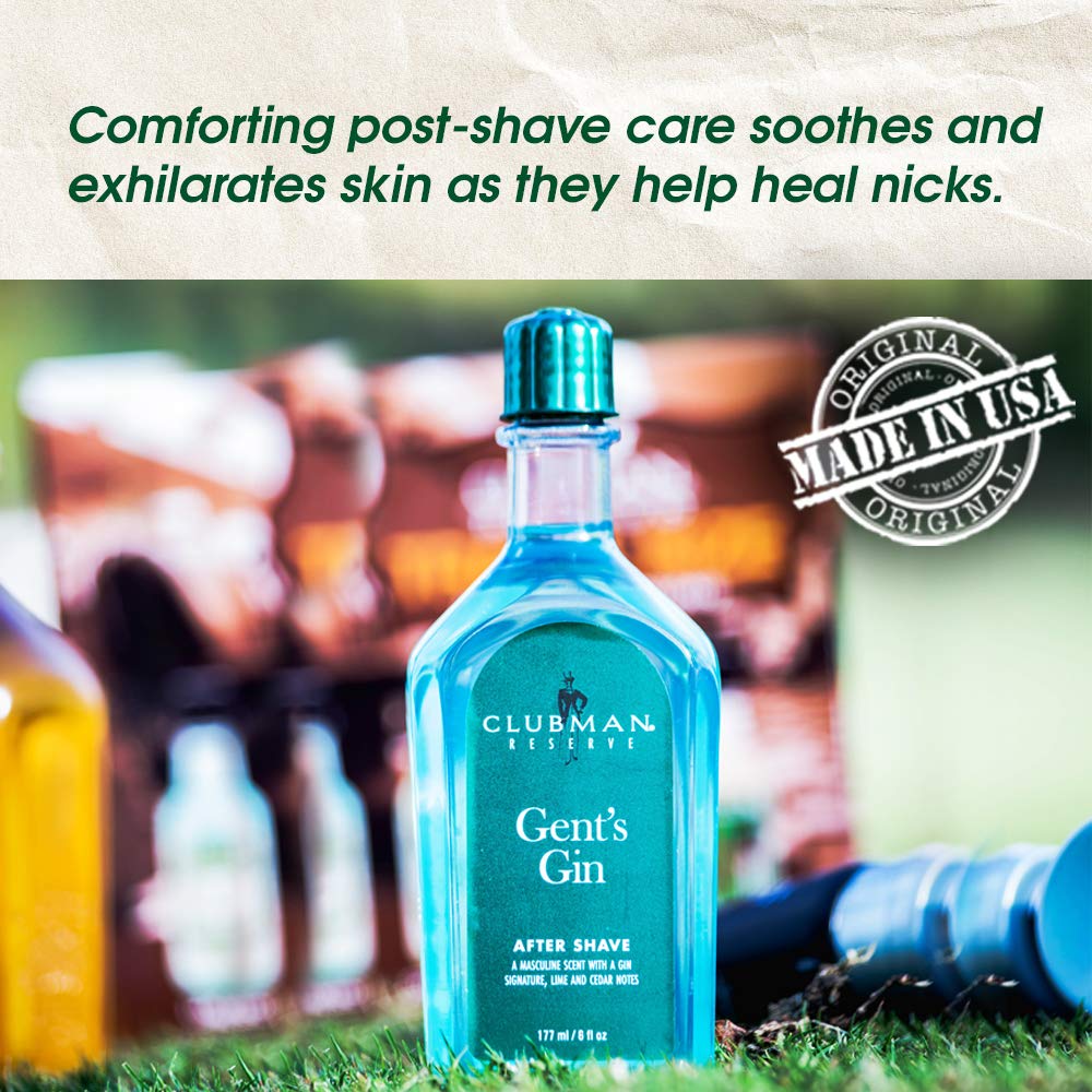 Hands apply Gent’s Gin aftershave for a cooling, refreshing post-shave experience.