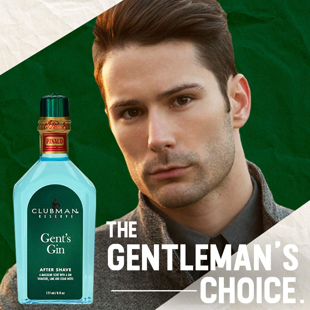 Clubman Pinaud Gent’s Gin bottle pour captured, suggesting quick splash for a brisk post-shave pick-me-up.