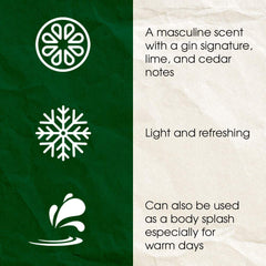 Closeup of Gent’s Gin label shows cedar and juniper notes fueling masculine grooming ritual.
