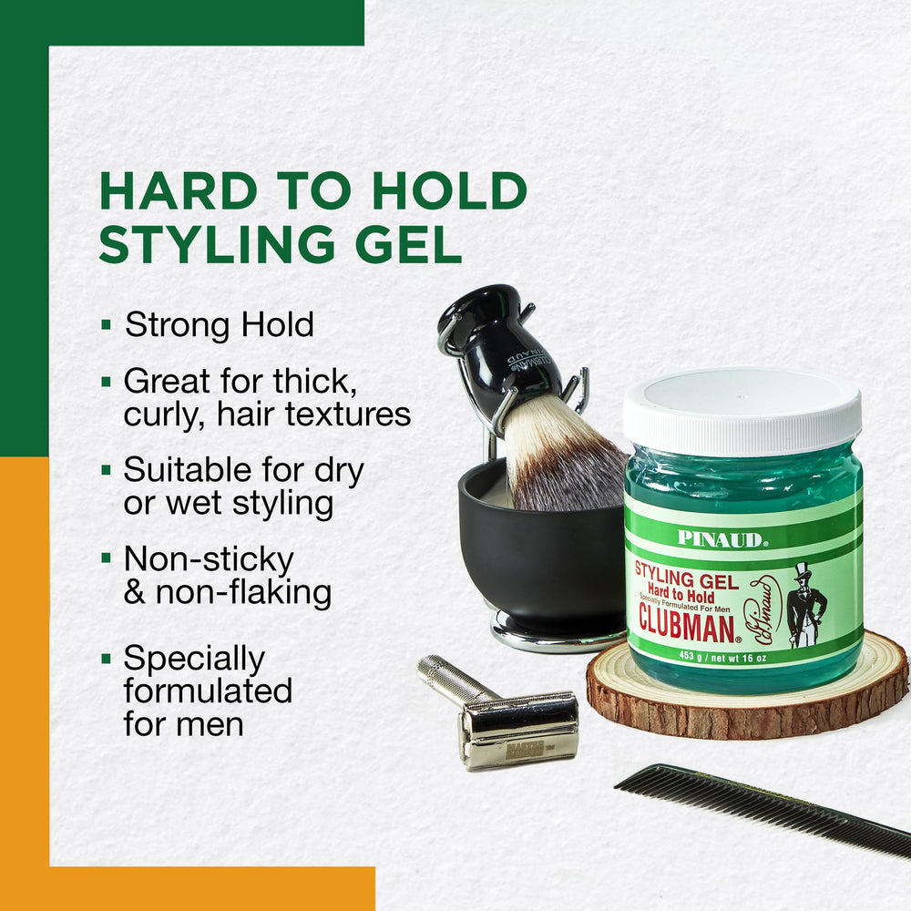 Clubman Pinaud Hair Styling Gel strong hold ideal for defined, long-lasting style.
