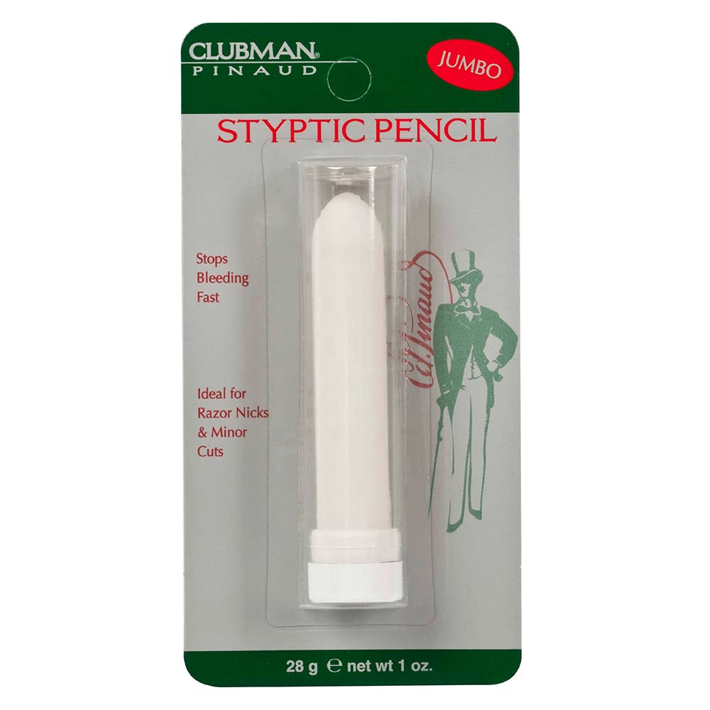 Clubman Pinaud Jumbo Styptic Pencil applied to a nick to stop bleeding quickly.