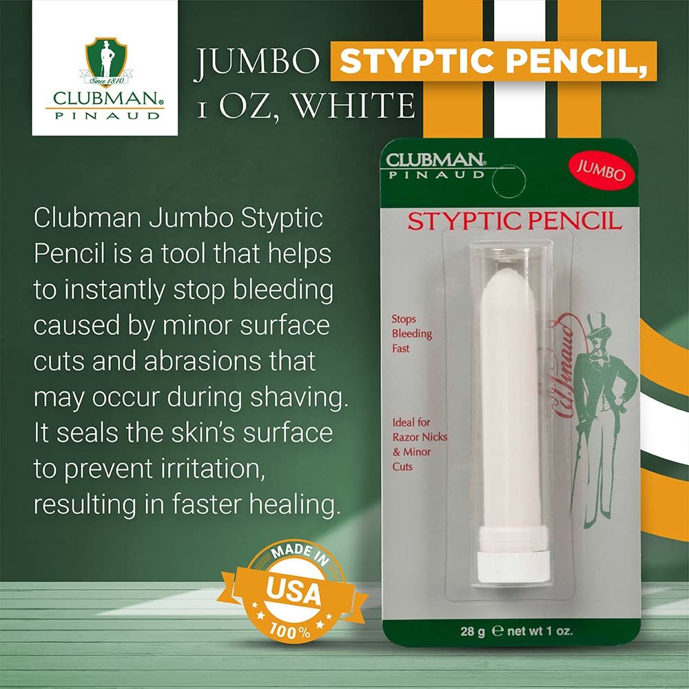 Clubman Pinaud Jumbo Styptic Pencil seals minor cuts with no messy residue.