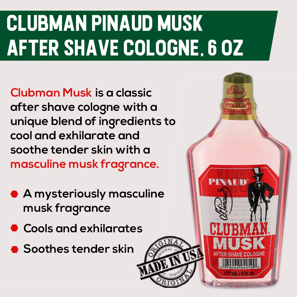 Clubman Pinaud Musk cap close-up for quick post-shave refresh.