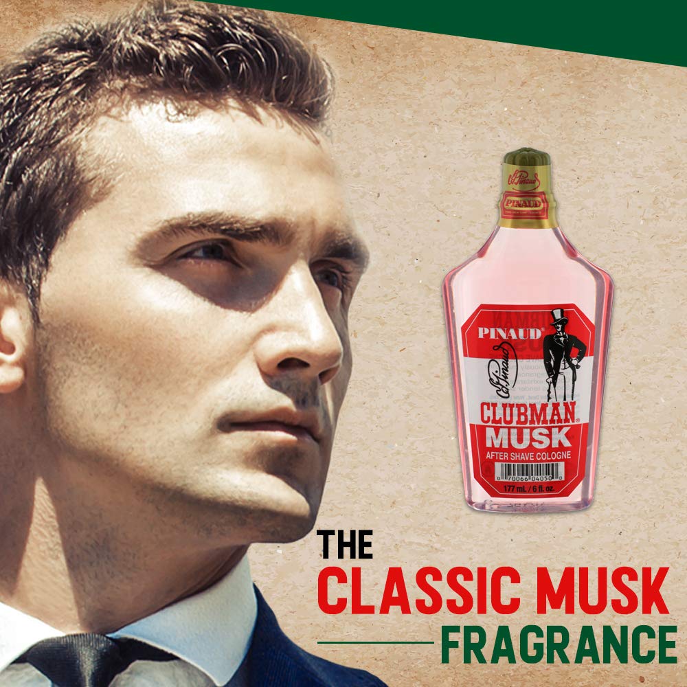 Clubman Pinaud Musk label close-up highlighting classic masculine fragrance.