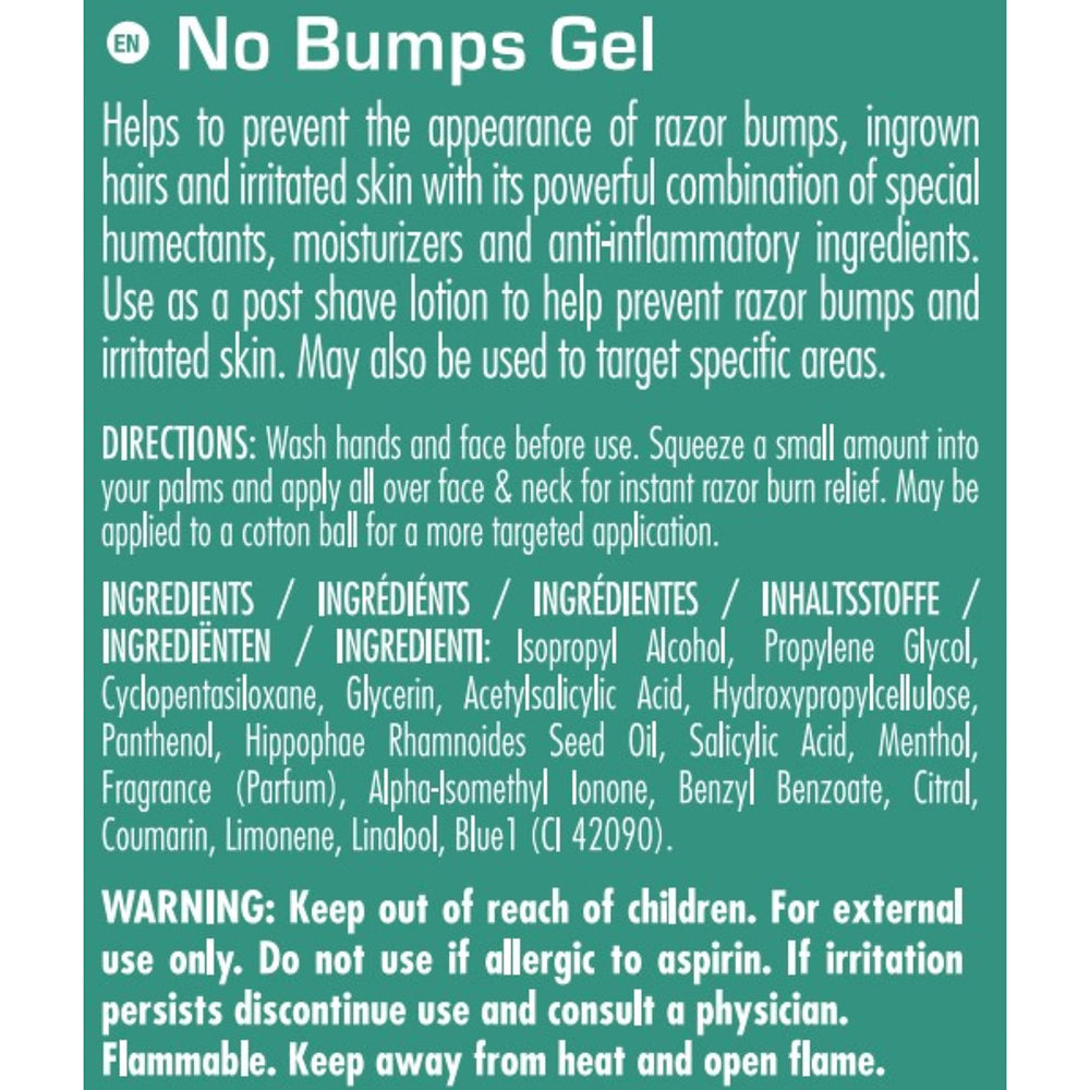 Clubman Pinaud No Bumps Gel back view with ingredients and usage suggestions