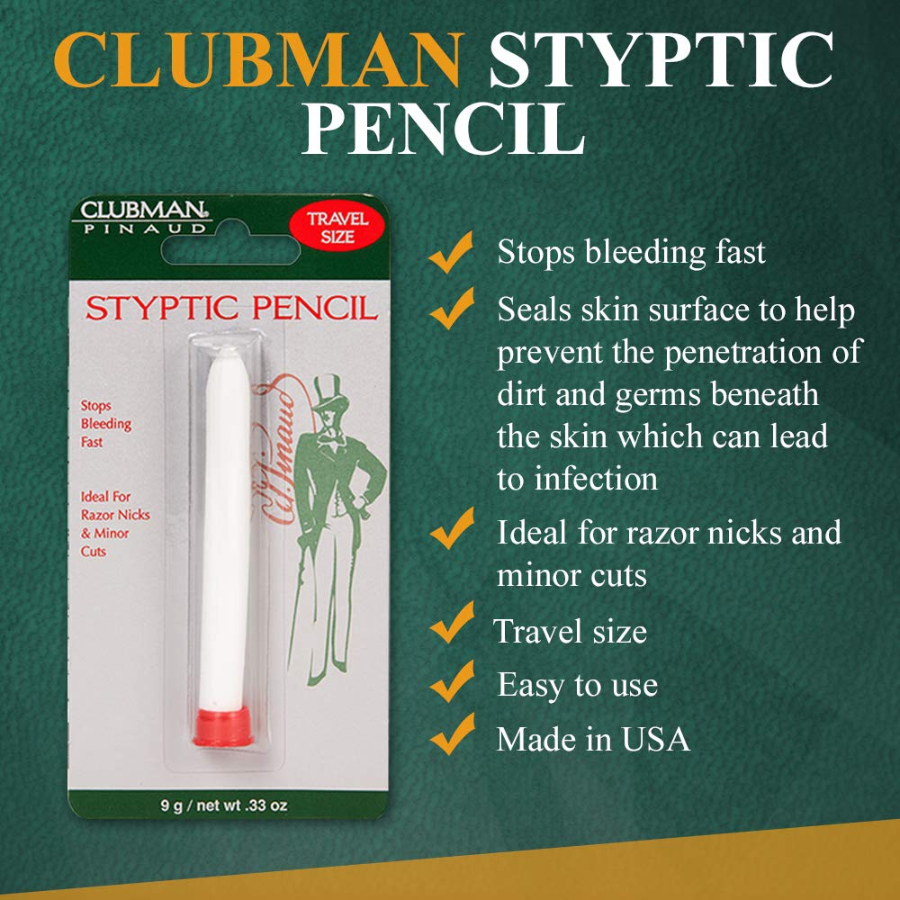 Applying Clubman Pinaud Styptic Pencil to stop minor bleeding.