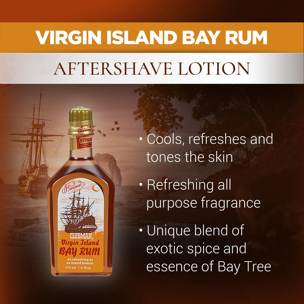 Clubman Pinaud Virgin Island Bay Rum splash demonstrates easy post-shave refresh.