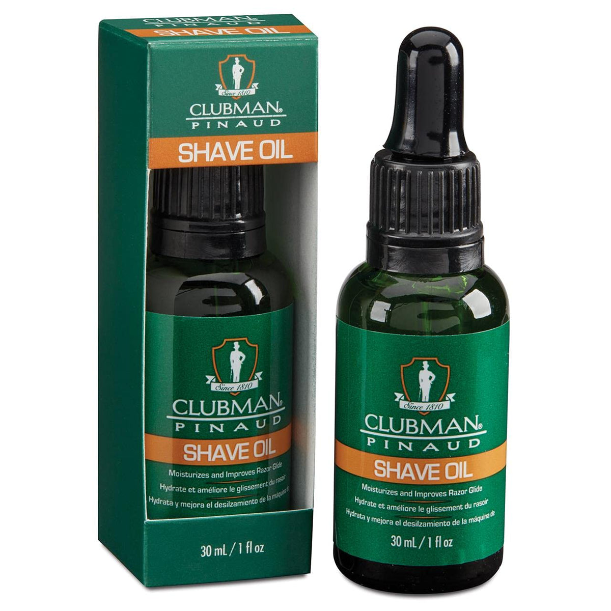 Clubman Pre Shave Oil bottle pour demonstrates smooth application for razor glide.