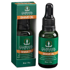 Clubman Pre Shave Oil bottle pour demonstrates smooth application for razor glide.