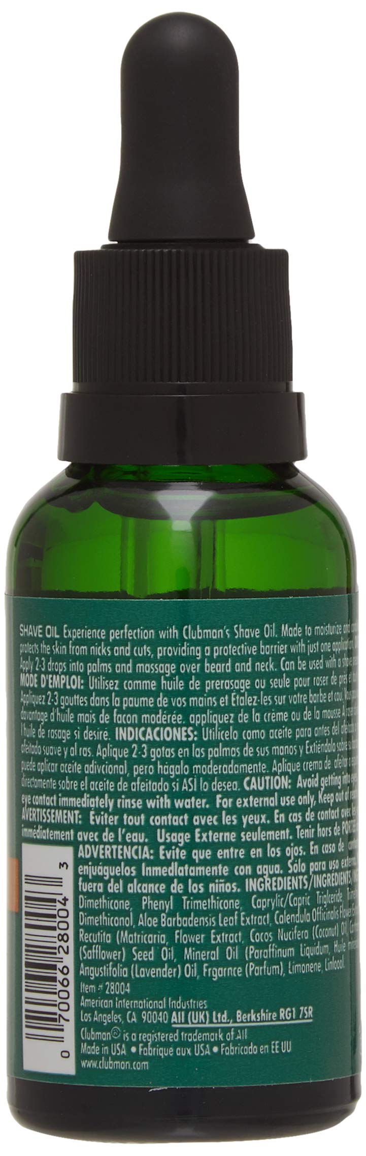 Clubman Pre Shave Oil packaging box highlights convenient 1 fl oz bottle.