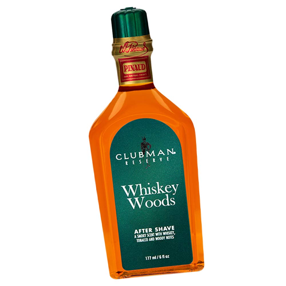 Clubman Reserve Whiskey Woods application gesture showing gentle post-shave use.
