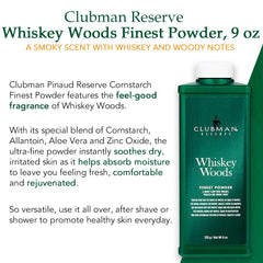 Clubman Reserve Whiskey Woods powder can with barbershop aroma in background.