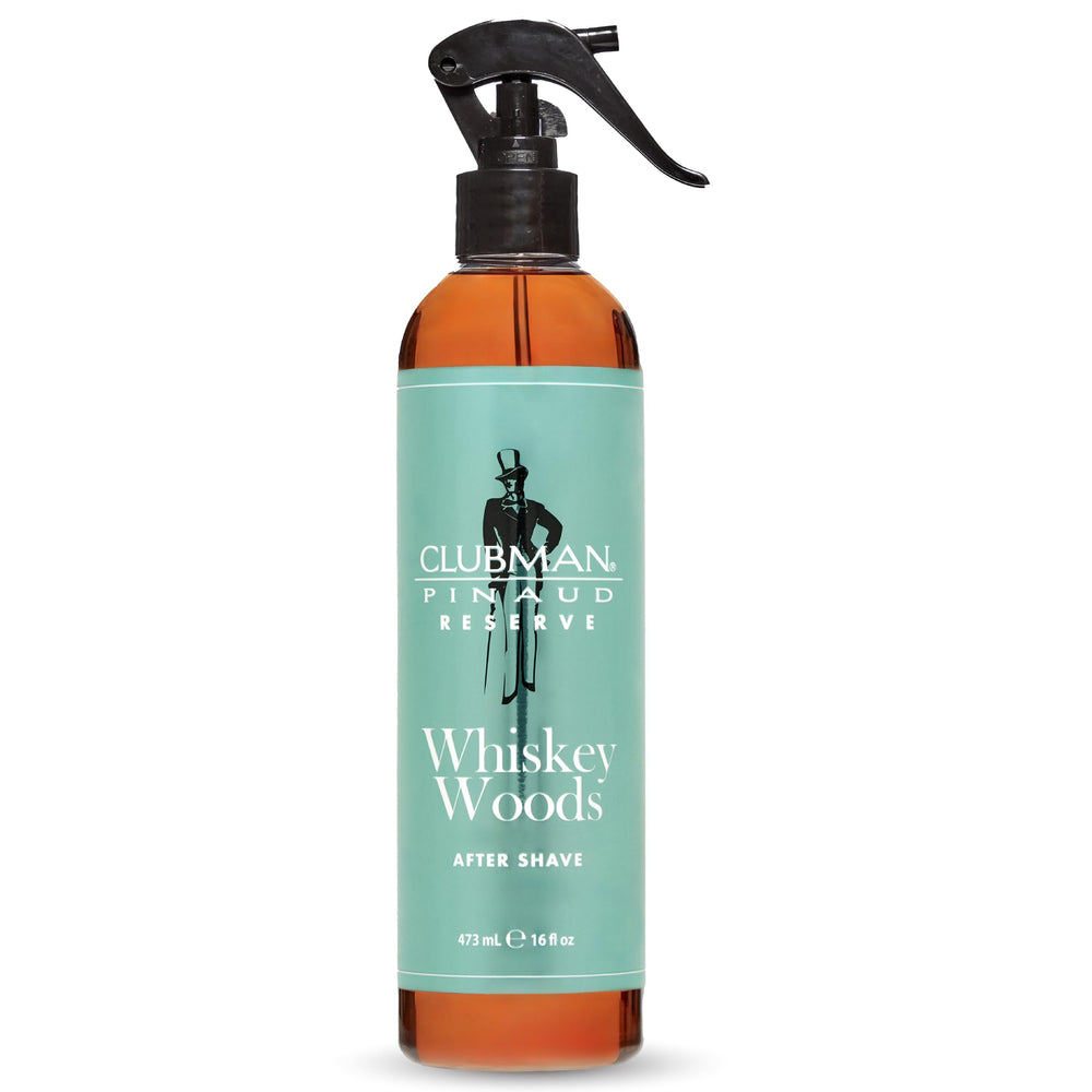 Clubman Reserve Whiskey Woods bottle shown for premium grooming ritual with lasting scent