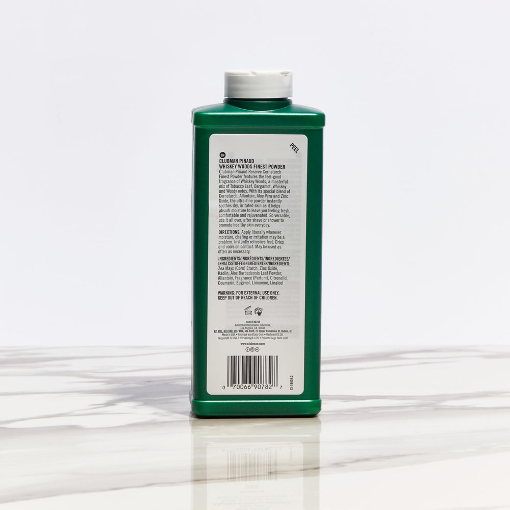 Clubman Reserve Whiskey Woods packaging highlights corn starch and aloe.