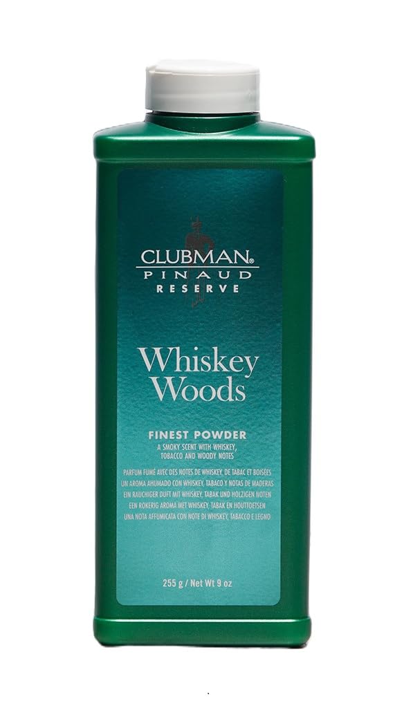 Clubman Reserve Whiskey Woods powder jar for moisture control and masculine scent.