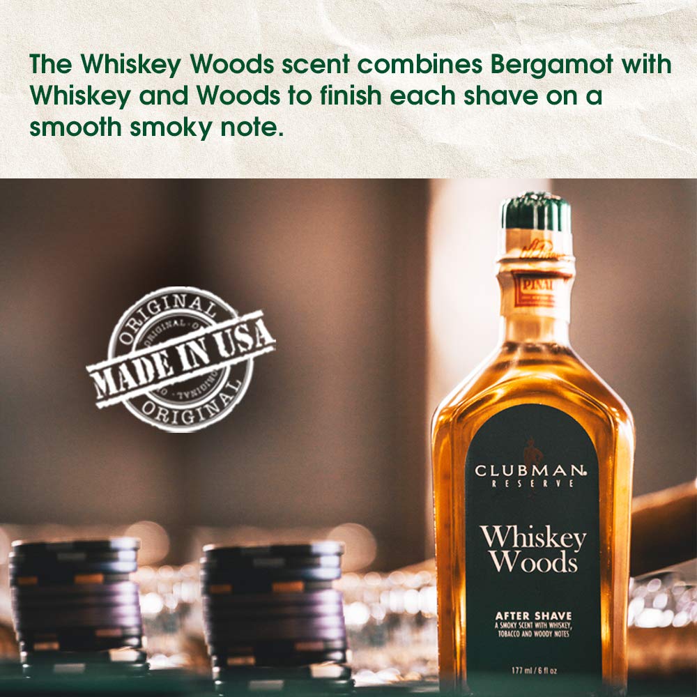 Clubman Reserve Whiskey Woods splash in hand for refreshing aftershave application.