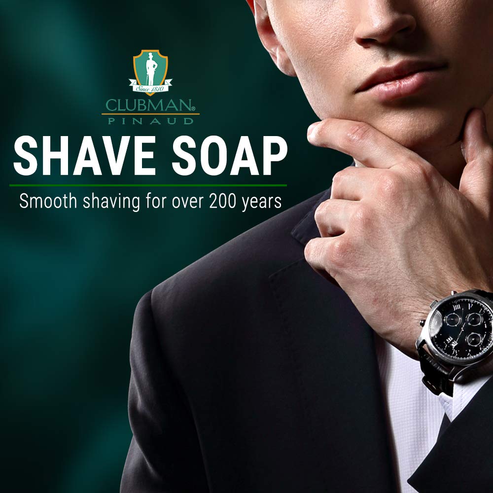 Clubman Shave Soap moisturizes the face after a shave for refreshed skin.