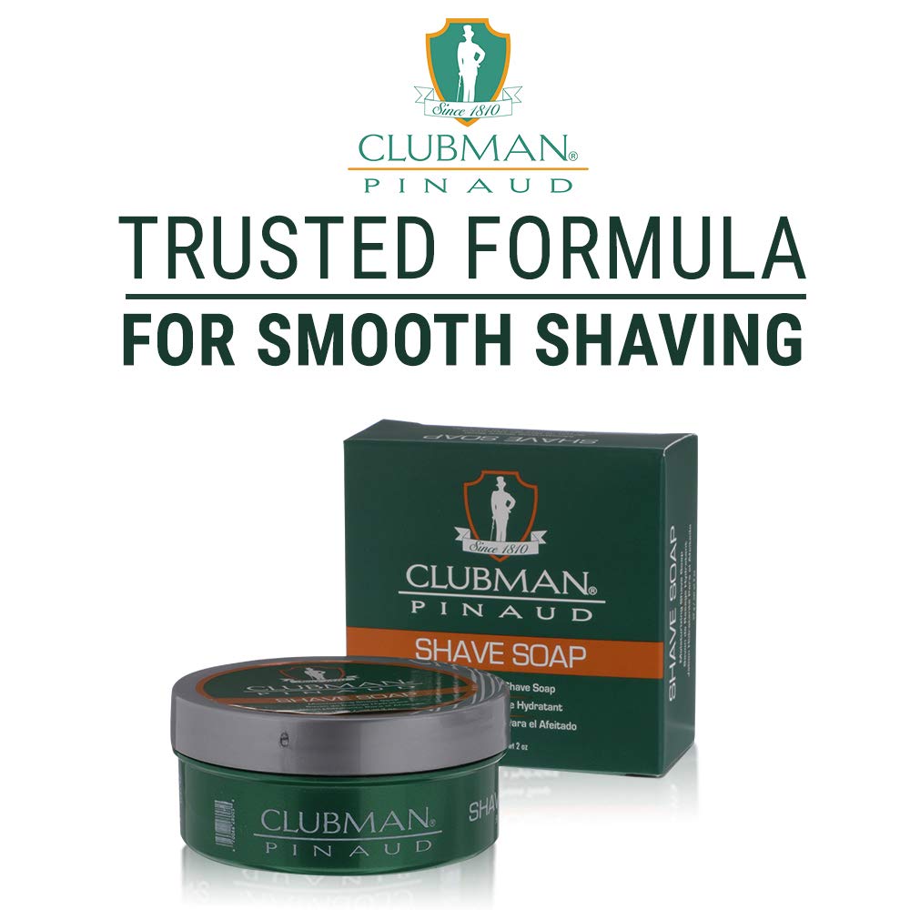 Clubman Shave Soap with shea butter nourishes skin and facial hair.