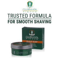 Clubman Shave Soap with shea butter nourishes skin and facial hair.
