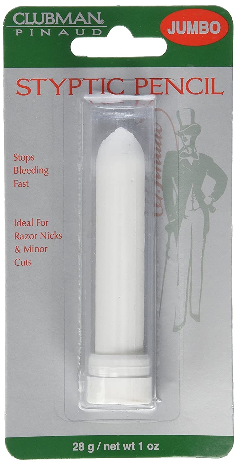 Clubman Styptic Pencil Jumbo 3-Pack packaging close-up, showing portable grooming solution.