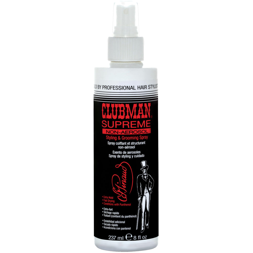 Clubman Supreme no aerosol: botella destacada para fijar peinado con acabado natural.