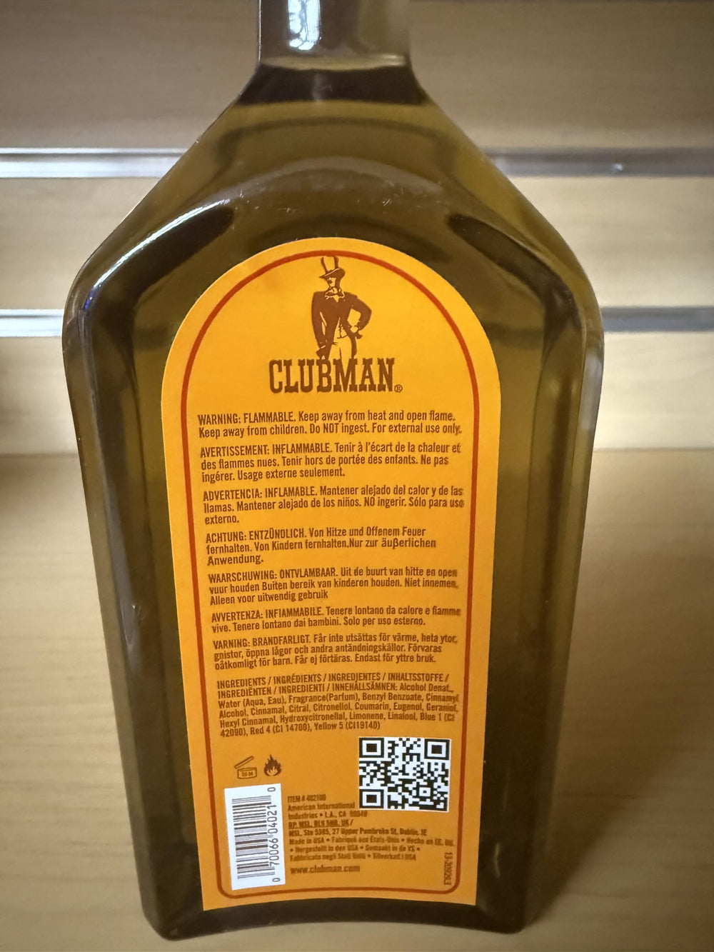 Clubman Virgin Island Bay Rum back label details ingredients and heritage.