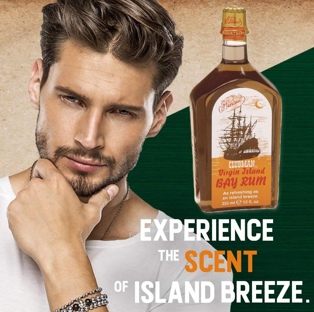 Clubman Virgin Island Bay Rum label closeup with premium fragrance notes.