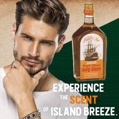 Clubman Virgin Island Bay Rum label closeup with premium fragrance notes.