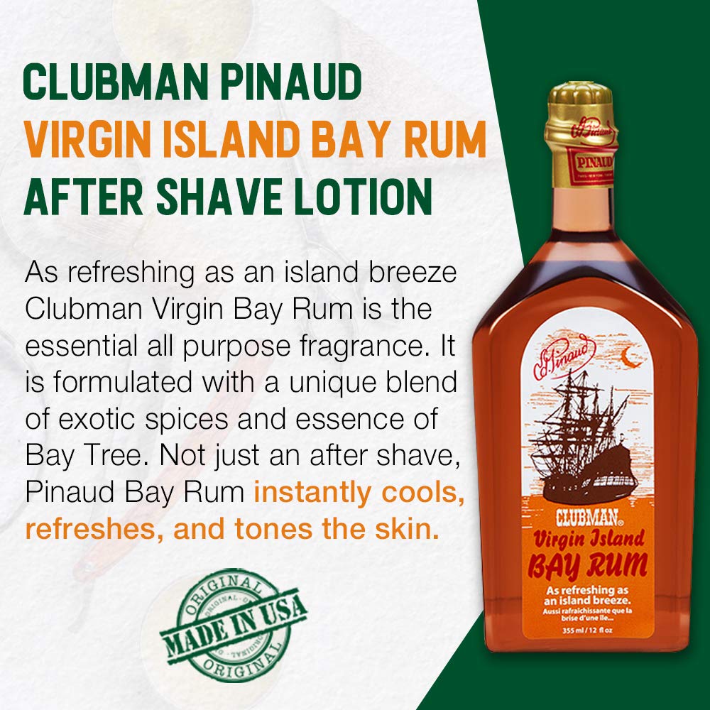 Clubman Virgin Island Bay Rum splash-application scene shows quick refreshing after shaving.
