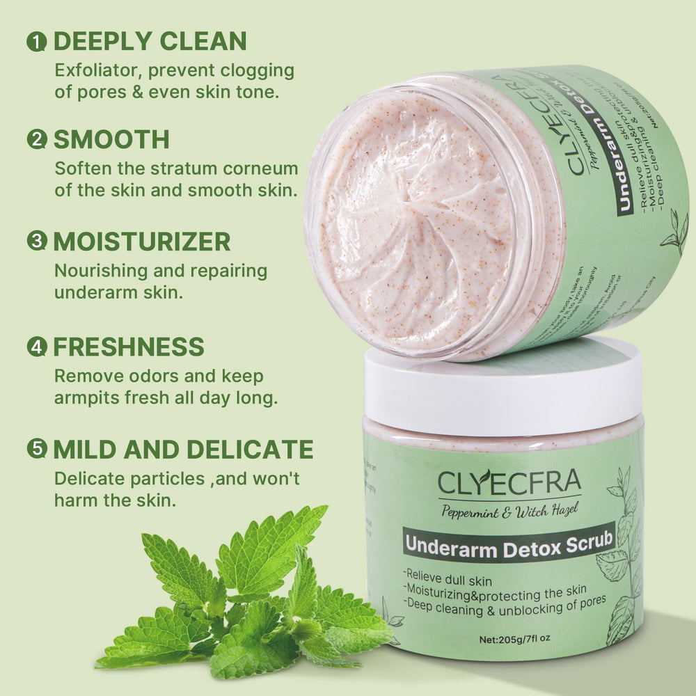 Clyecfra detox scrub applied to underarm in circular massage.